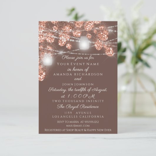 Invitation Mariage Lights Jars Rustique Rose Gold Brown (Debout devant)