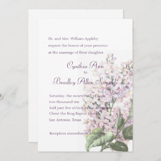 Invitation Mariage Lilac Blooms (Devant / Derrière)