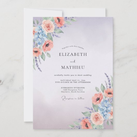 Invitation Mariage Lilas Abricot Ranunculus Eucalyptus (Devant)