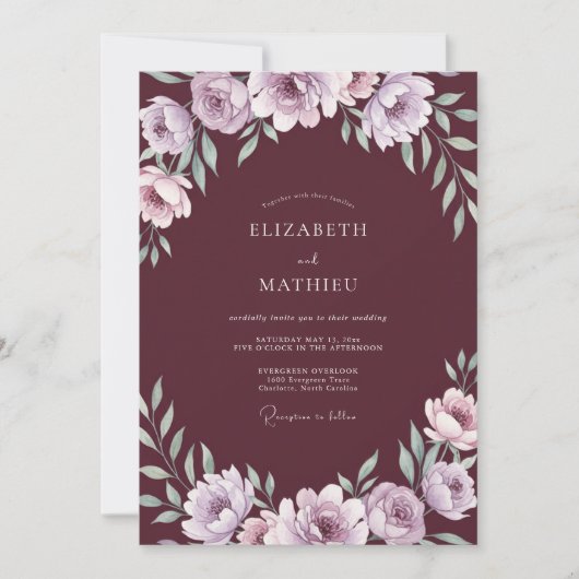 Invitation Mariage Lilas Feuillage Eucalyptus Vin (Devant)