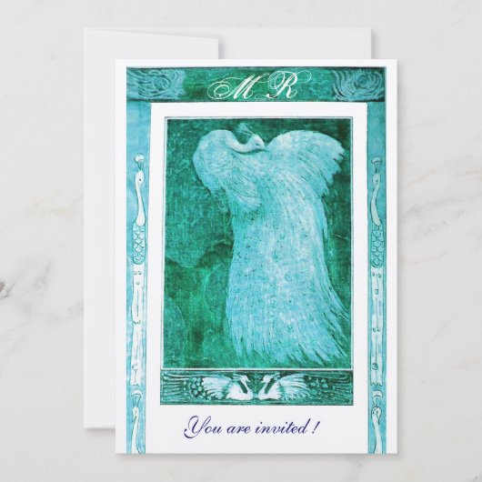 Invitation MARIAGE LOVE PEACOCK MONOGRAM Aqua Bleu Blanc (Devant)