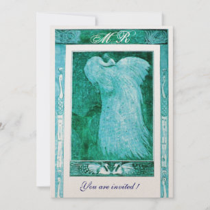 Invitation MARIAGE LOVE PEACOCK MONOGRAM Aqua Bleu Blanc