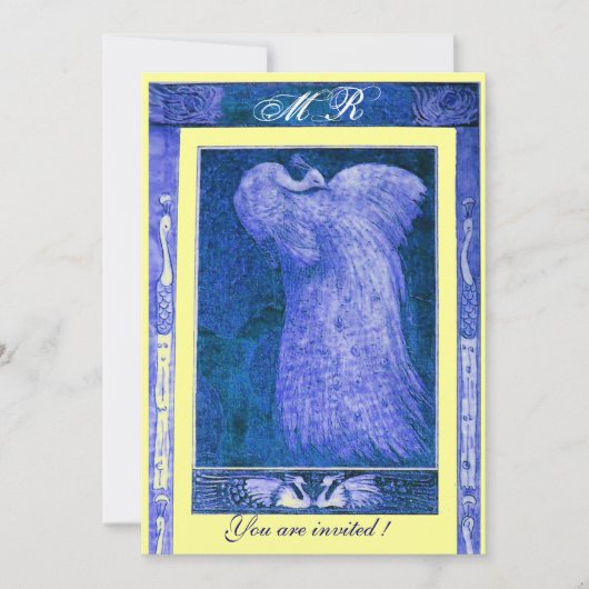 Invitation MARIAGE LOVE PEACOCK MONOGRAM, bleu blanc jaune (Devant)