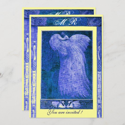 Invitation MARIAGE LOVE PEACOCK MONOGRAM, bleu blanc jaune (Devant / Derrière)