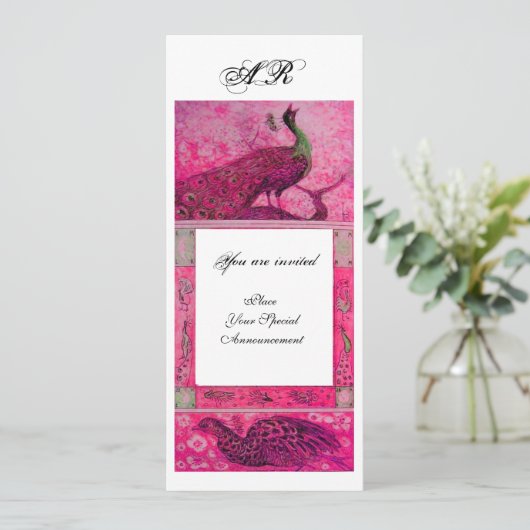 Invitation MARIAGE LOVE PEACOCKS MONOGRAM rose fuchsia blanc (Debout devant)