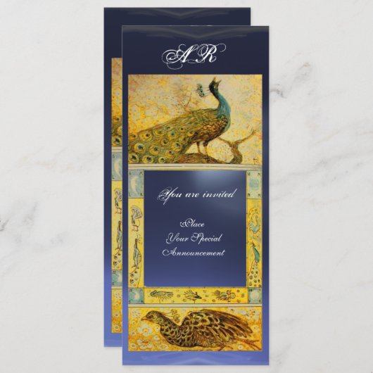 Invitation MARIAGE LOVE PEACOCKS MONOGRAS marron bleu jaune (Devant / Derrière)
