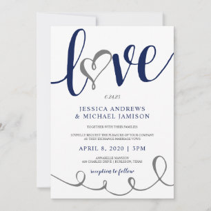 Invitation Mariage Love Script Marine Blue & Grey Heart