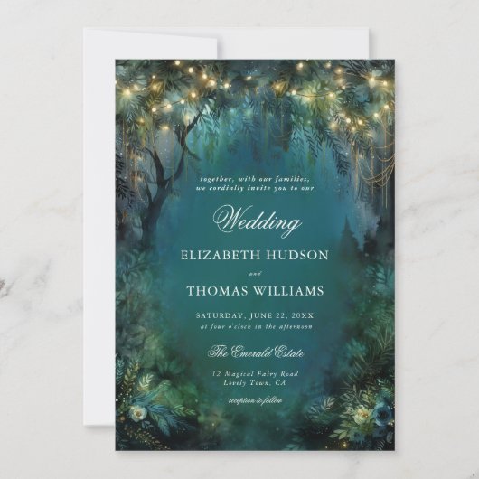Invitation Mariage Lumière Or Fée Enchanted Forest Greenery (Devant)
