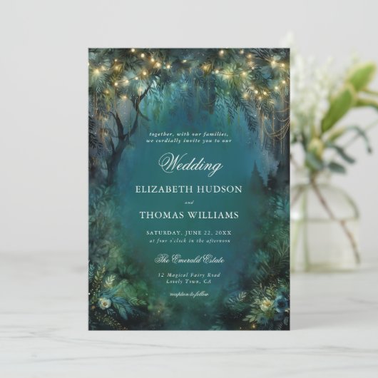 Invitation Mariage Lumière Or Fée Enchanted Forest Greenery (Debout devant)