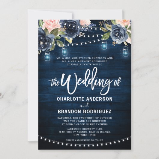 Invitation Mariage lumineux à cordes rustique bleu marine (Devant)