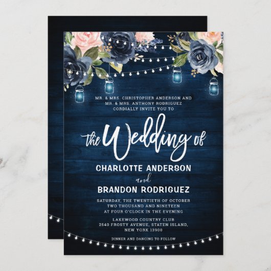 Invitation Mariage lumineux à cordes rustique bleu marine (Devant / Derrière)