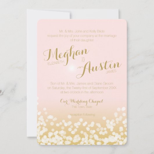Invitation Mariage lumineux rose et or brillant (Devant)