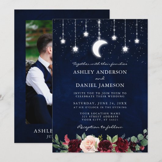 Invitation Mariage Lune Céleste Étoiles Lumière Photo Florale (Devant / Derrière)