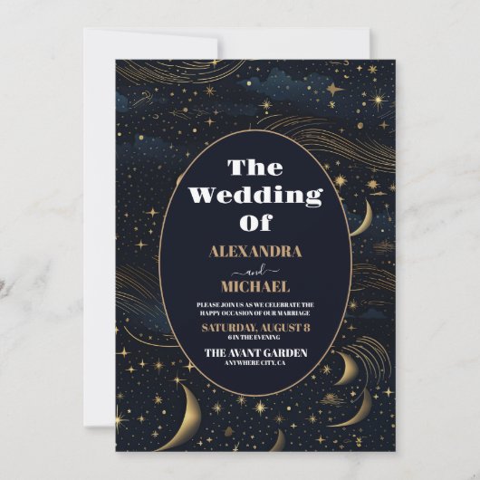 Invitation Mariage Lune Croissante Céleste Or (Devant)