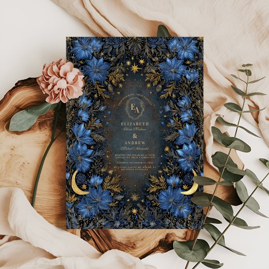 Invitation Mariage Lune et Étoile Bleu Minuit