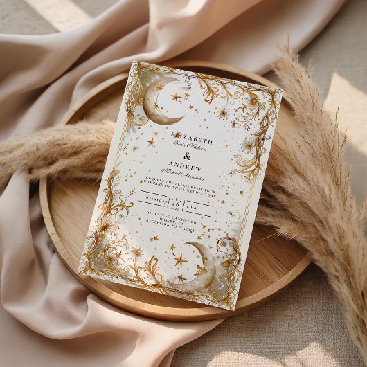 Invitation Mariage Lune et Étoiles en Or Blanc Céleste