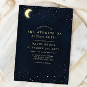 Invitation Mariage Lune Étoiles Bleu Minuit Céleste