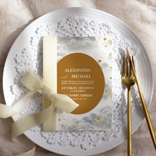 Invitation Mariage Lune & Soleil Étoiles Blanches et Or Céles