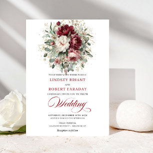 Invitation Mariage Luxe Boho Bourgogne Blanc Floral Or