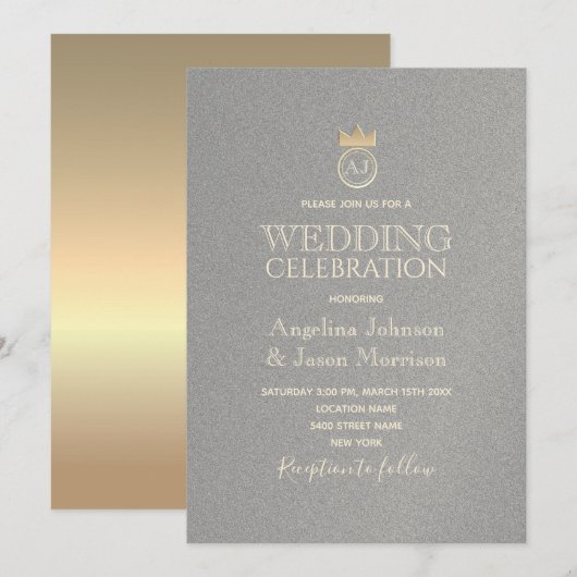 Invitation Mariage Luxe Monogramme Argent et Or (Devant / Derrière)