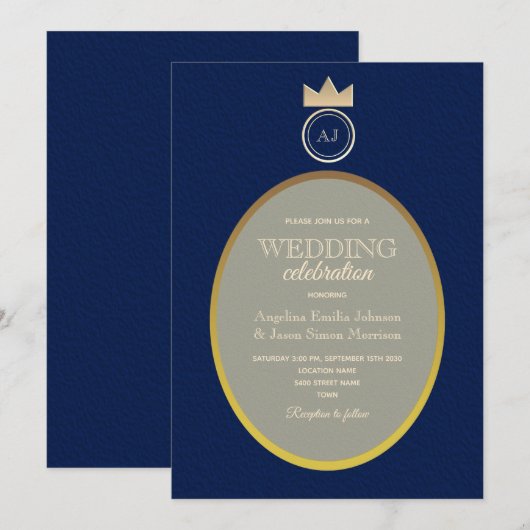 Invitation Mariage Luxe Or Monogramme Navy  (Devant / Derrière)