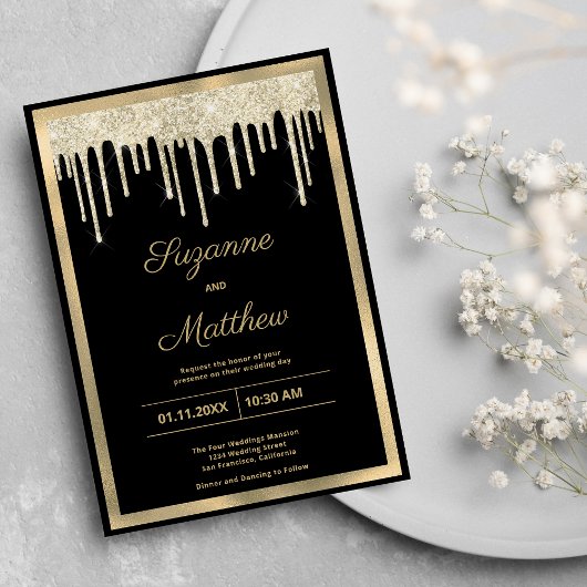Invitation Mariage luxe paillettes noires coulantes or