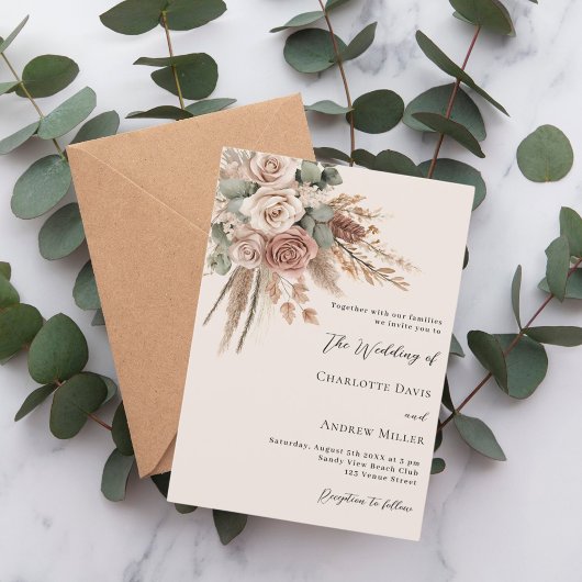 Invitation Mariage luxe roses beige taupe herbe de pampa