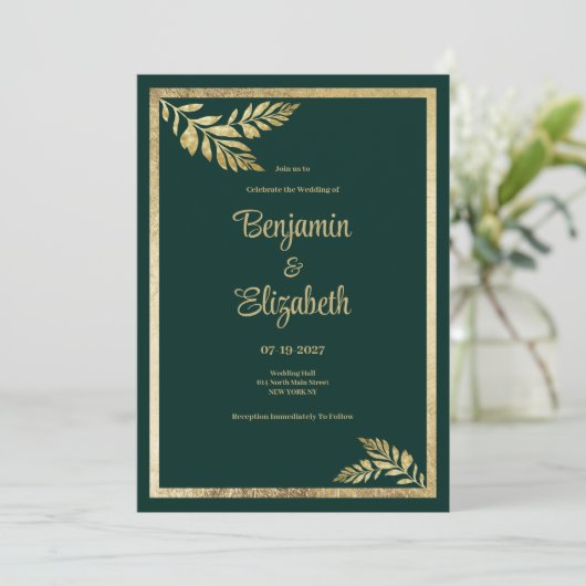 Invitation Mariage luxueux à charpente dorée vert foncé (Debout devant)