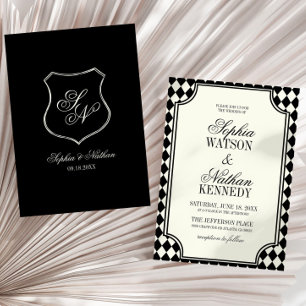 Invitation Mariage Luxueux à l'Ancienne en Noir et Ivoire Vin