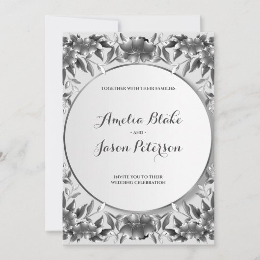 Invitation Mariage Luxueux Argent Gravure Feuillage (Devant)