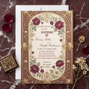 Invitation Mariage Luxueux Art Nouveau Roses Bourgogne Or