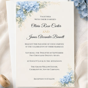 Invitation Mariage Luxueux aux Hortensias Bleus Dépoussiérés