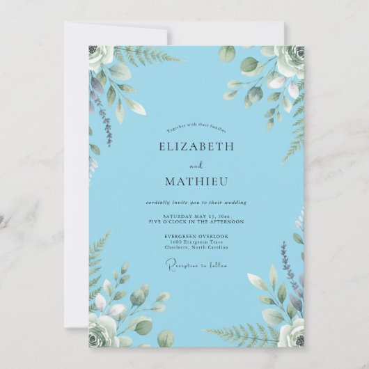 Invitation Mariage Luxueux Azure à Feuillage Peint (Devant)