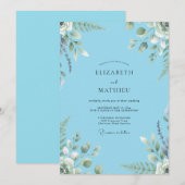 Invitation Mariage Luxueux Azure à Feuillage Peint (Devant / Derrière)