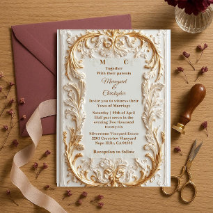 Invitation Mariage Luxueux Baroque Orné Fleurs Doré Vintage