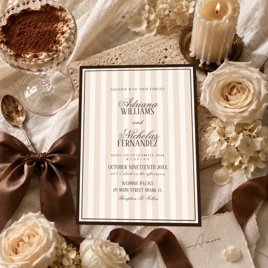 Invitation Mariage Luxueux Beige Espresso Rayures