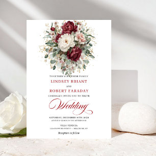 Invitation Mariage Luxueux Blanc Floral Eucalyptus Bourgogne 