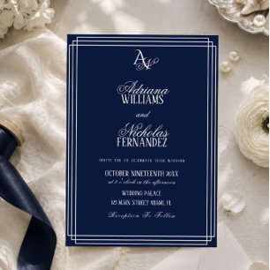 Invitation Mariage Luxueux Bleu Nuit Monogramme