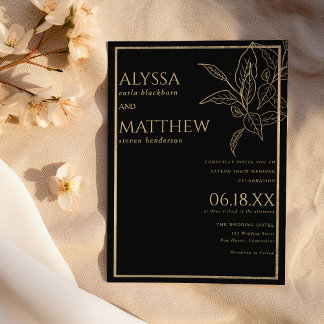 Invitation Mariage luxueux feuillage d'or simple et noir