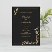 Invitation Mariage luxueux feuillage noir et or (Debout devant)