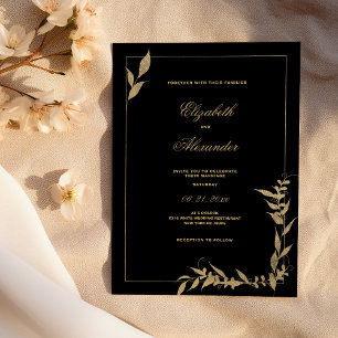Invitation Mariage luxueux feuillage noir et or