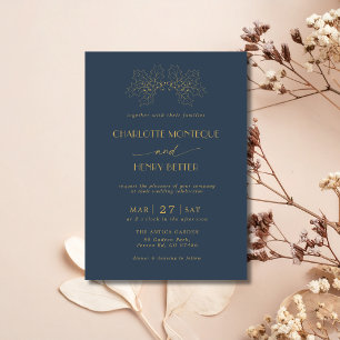 Invitation Mariage Luxueux Feuilles de Houx Arbre Bleu Nuit O