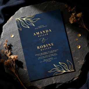 Invitation Mariage Luxueux Floral Bleu Nuit & Or