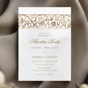 Invitation Mariage Luxueux Floral Or et Crème Nuestra Boda