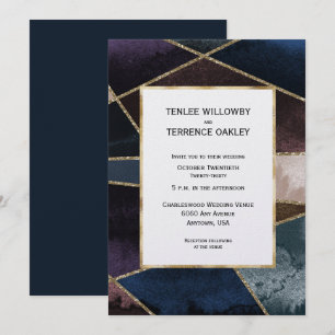 Invitation Mariage Luxueux Géométrique Or Bleu Violet Brun