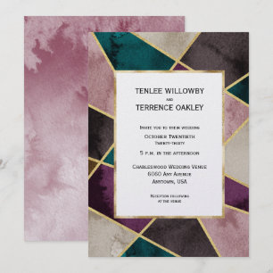 Invitation Mariage Luxueux Géométrique Or Vert Violet