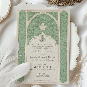 Invitation Mariage Luxueux Islamique Broderie Vert Sauge