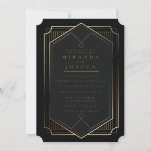 Invitation Mariage Luxueux Noir Élégant Art Déco