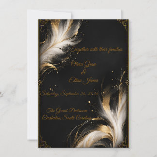 Invitation Mariage Luxueux Plume Abstraite Noir Or