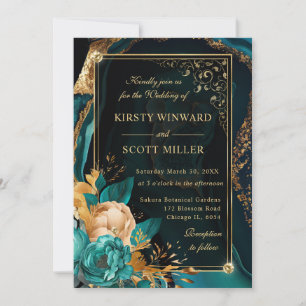 Invitation Mariage Luxueux Rose en Agate Florale Sarcelle et